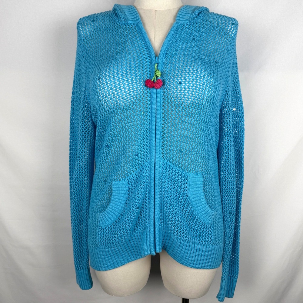 Y2K Quacker Factory Whimsical Cherry Crochet‎ Knit Zip Hoodie Coastal Grandma L